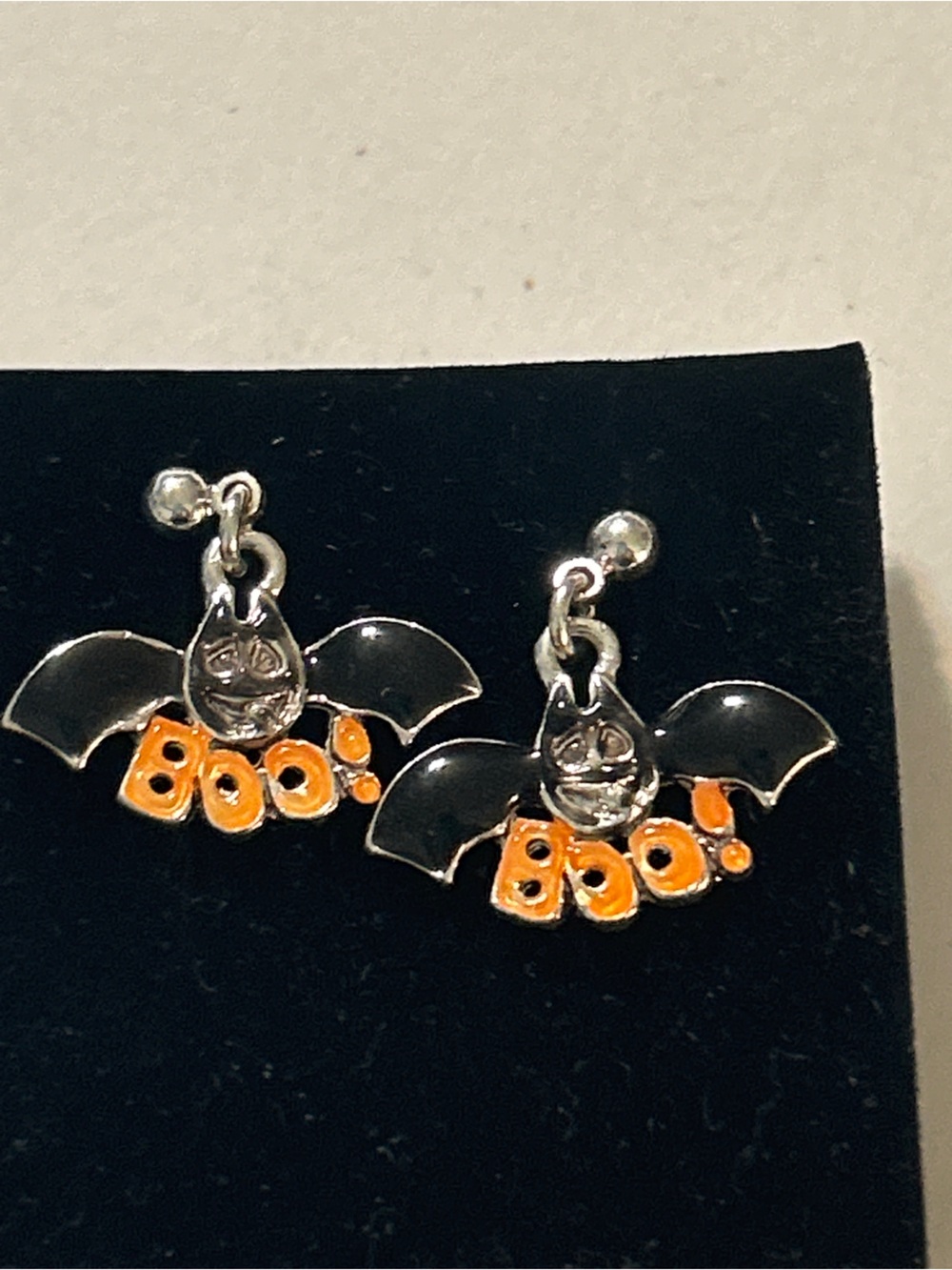 Vintage Silver Tone Halloween Black Bat "BOO!" Stud Earrings